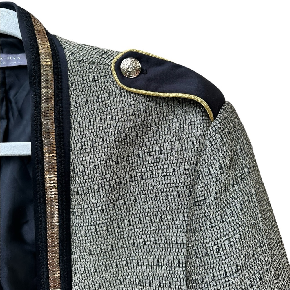 Zara Tweed Military-Style Blazer in Gray, Black & Gold Trim - Picture 3 of 9